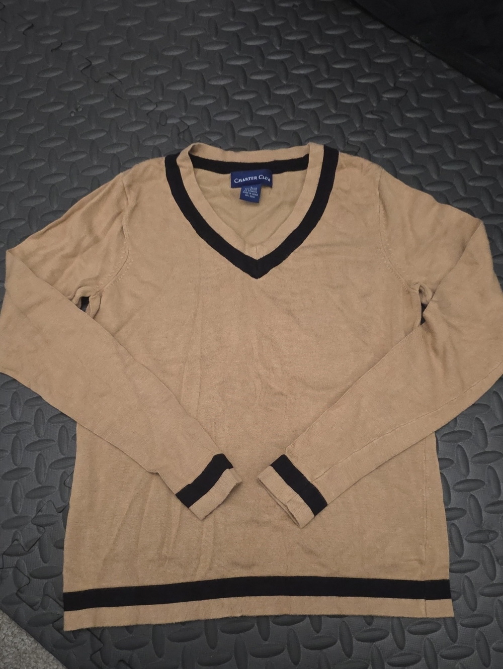 Charter Club Men's Tan V-Neck Sweater with Black Trim